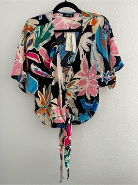 Bsubseach Black Multicolor Floral Tie-Front Blouse
